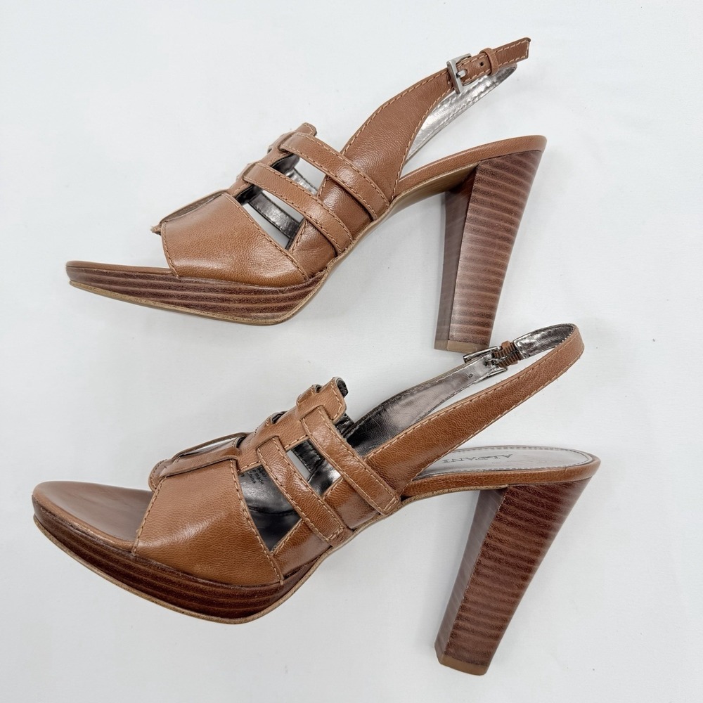 Alfani Women's Brown Leather Strappy Slingback Sandals Open Toe Heels Size 9M